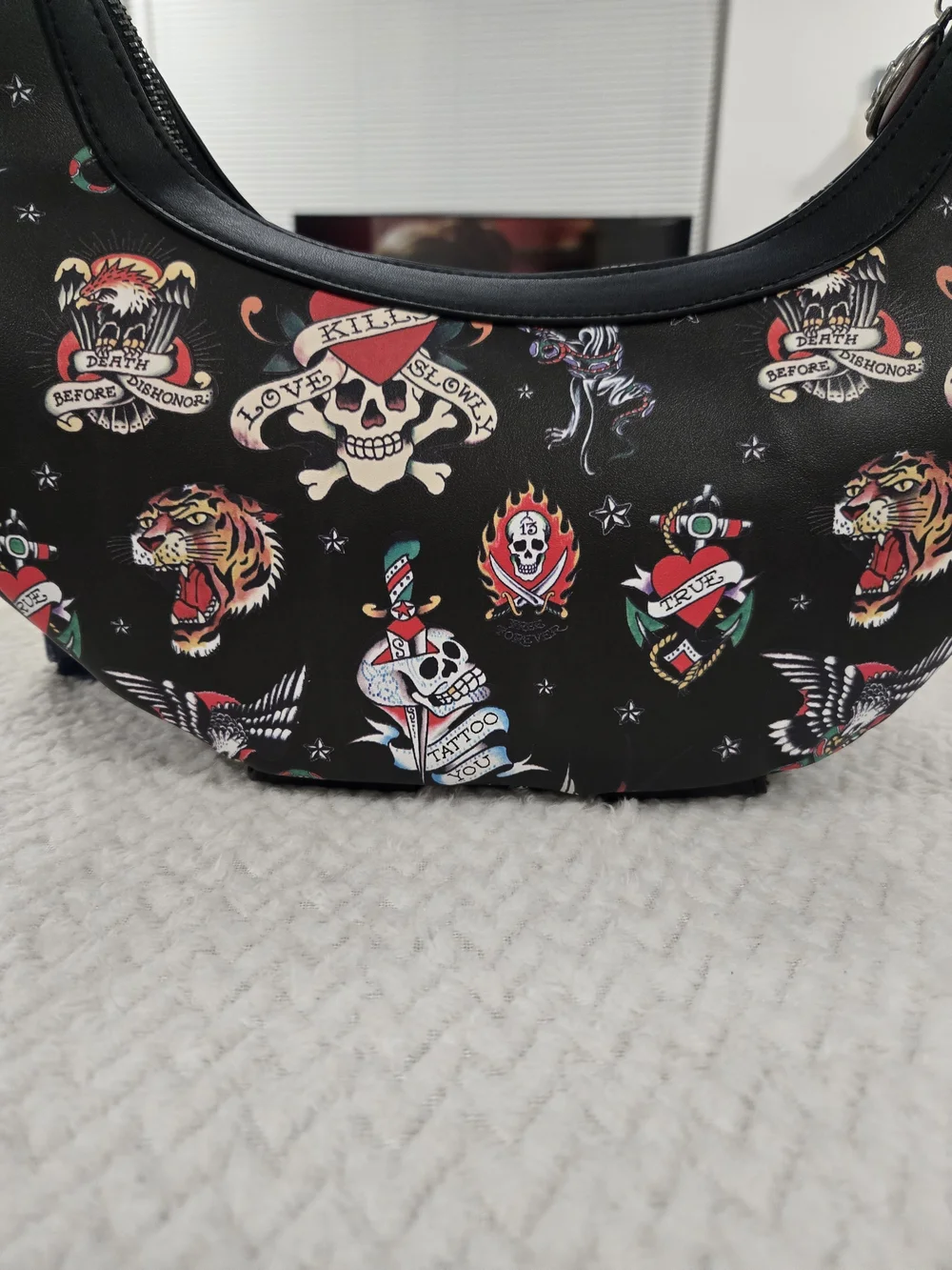 NWT Ed Hardy Black Tattoo Print Studded Hobo Shoulder Bag Vegan Leather Y2K